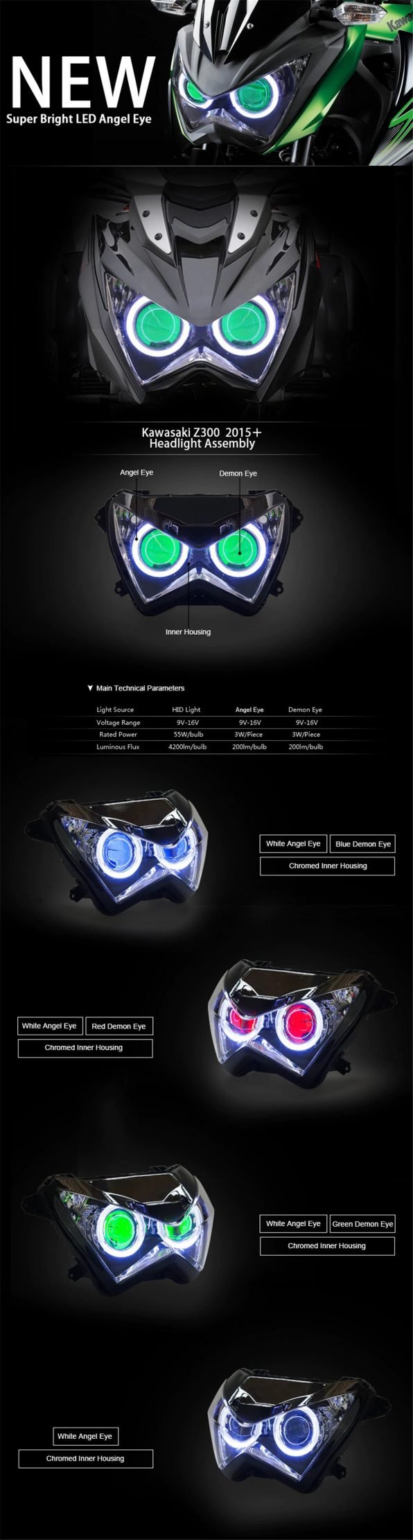 KT LED Headlight for Kawasaki Z300 2015