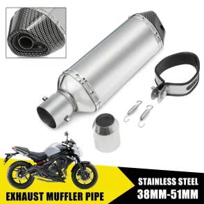 38-51mm Stainless Carbon Fiber Universal Motorcycle Slip-On Exhaust Muffler Pipe Specification: 100% Brand New!!! Model: 644946 Product Name: Exhaust pipe Color: Carbon Material: Stainless Steel Pipe Length: 365mm/ 14.4" Connection inlet Dia: 51mm/ 2" Quantity: One Features: --Durable and high quality. --Durable,no rust,corrosion. --Painted in carbon fiber color . --Exhaust Muffler With Movable DB Killer. --Stainless steel welding adapter allow to fit pipe 38MM-51MM. Fitments (For the reference): Suitable for dirt bike street bike scooter atv quad and any other bike with pipe diameter 38mm-51mm. Note: 1.We provide clear pictures, measurements where possible. Please check as much as possible to make sure the item is the one that you need. 2.Please allow 0.5-1 inch difference due to manual measurement.(1inch=2.54cm) 3.There are no instructions included in this kit.Professional Installation Is Highly Recommended! 4.Please Compare The Exhaust pipe With Your Original One Before Purchasing! Package Include: 1x Exhaust pipe