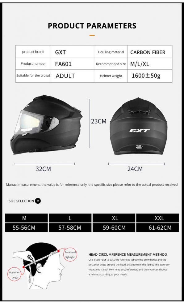 GXT Carbon Fiber Helmet Parameters