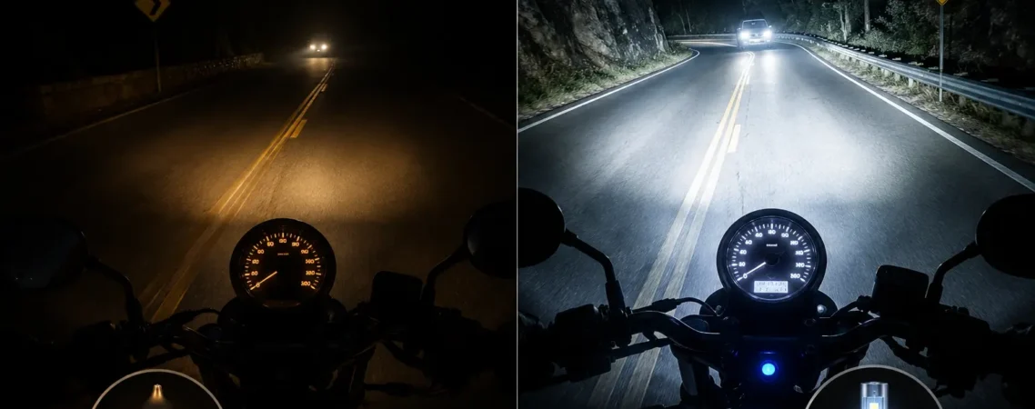 Halogen vs LED motorcycle headlight bulb comparison.