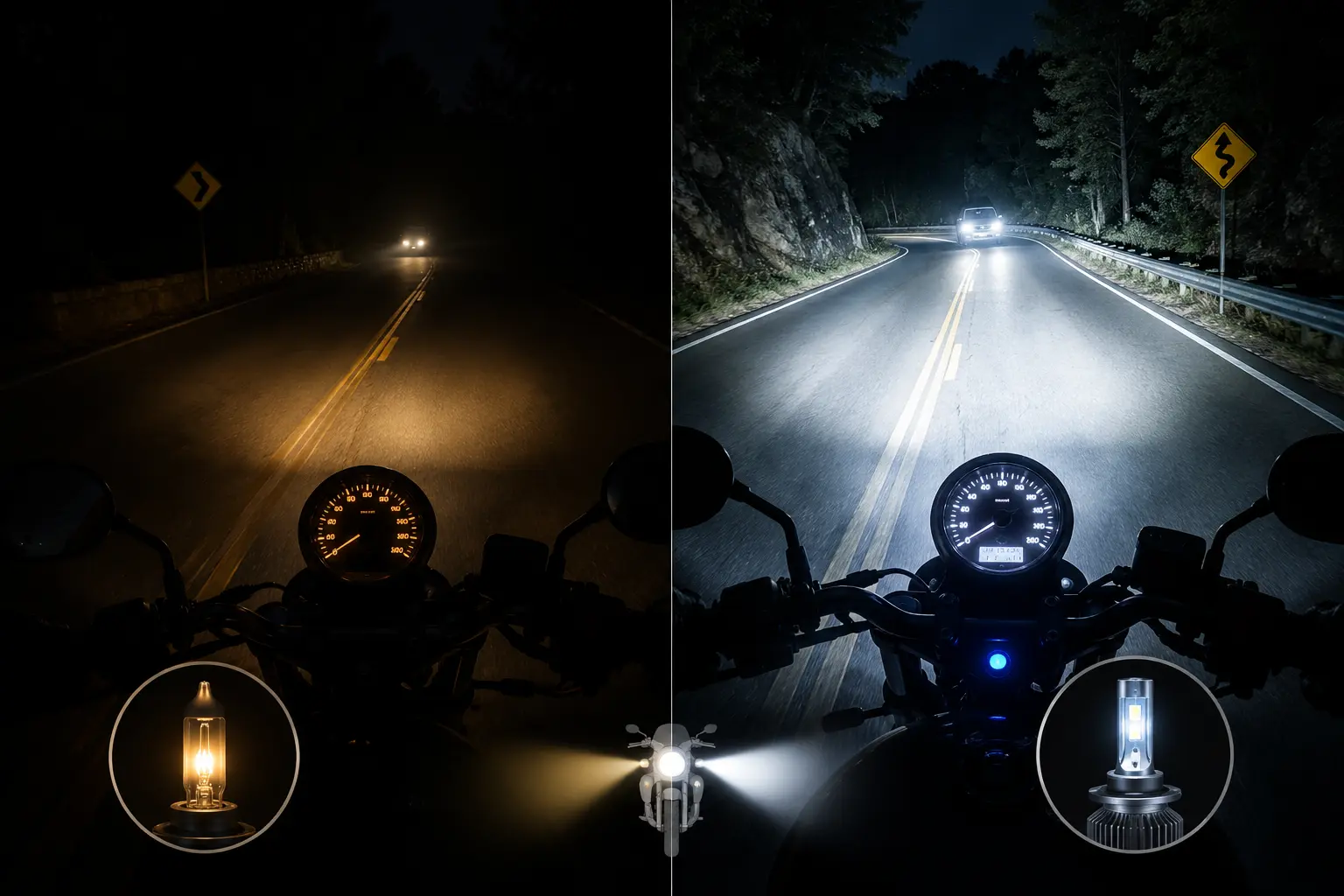 Halogen vs LED motorcycle headlight bulb comparison.