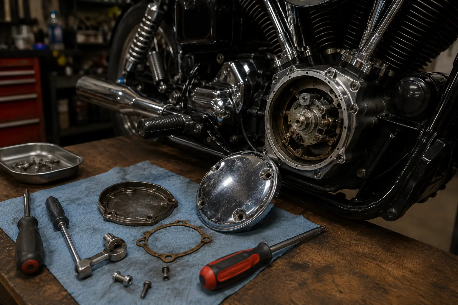 Harley Dyna timer points cover removed during motorcycle engine maintenance in a workshop.