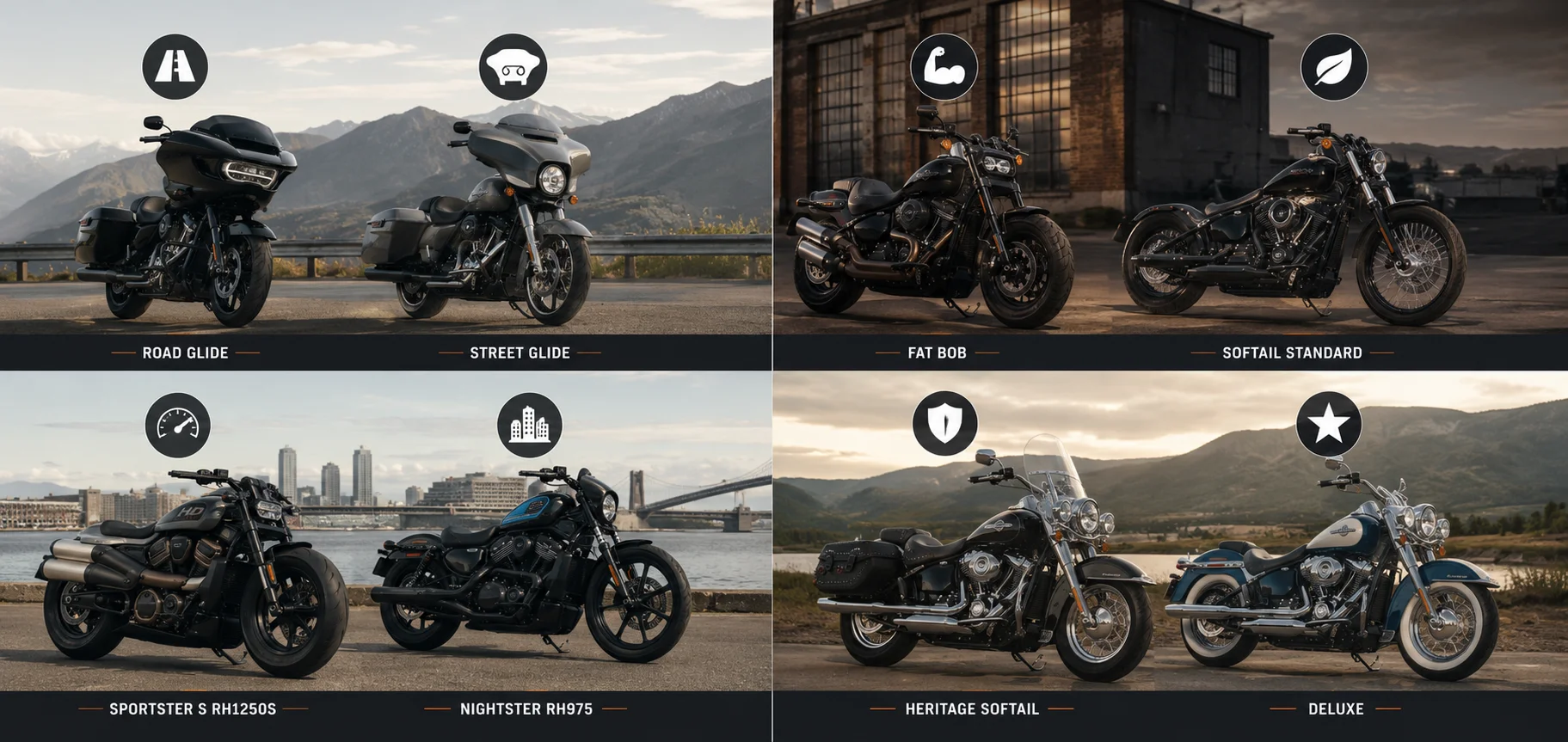 Harley motorcycle models comparison scene.