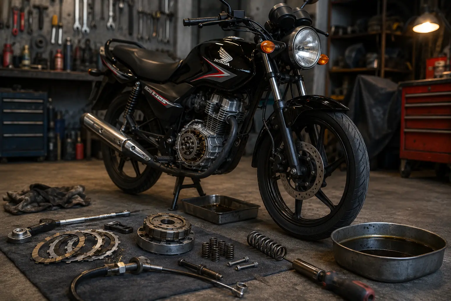 Honda CBT125 motorcycle in a workshop with exposed clutch assembly.