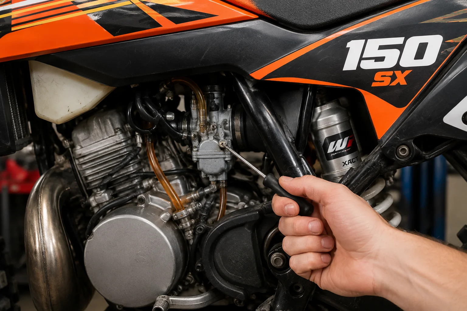 Mechanic adjusting the fuel mixture screw on a KTM 150 SX carburetor in a workshop.