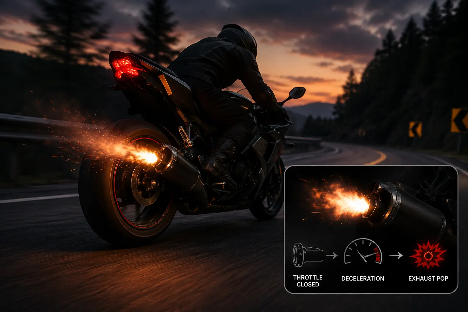 Motorcycle exhaust popping with flame during deceleration on a winding road.