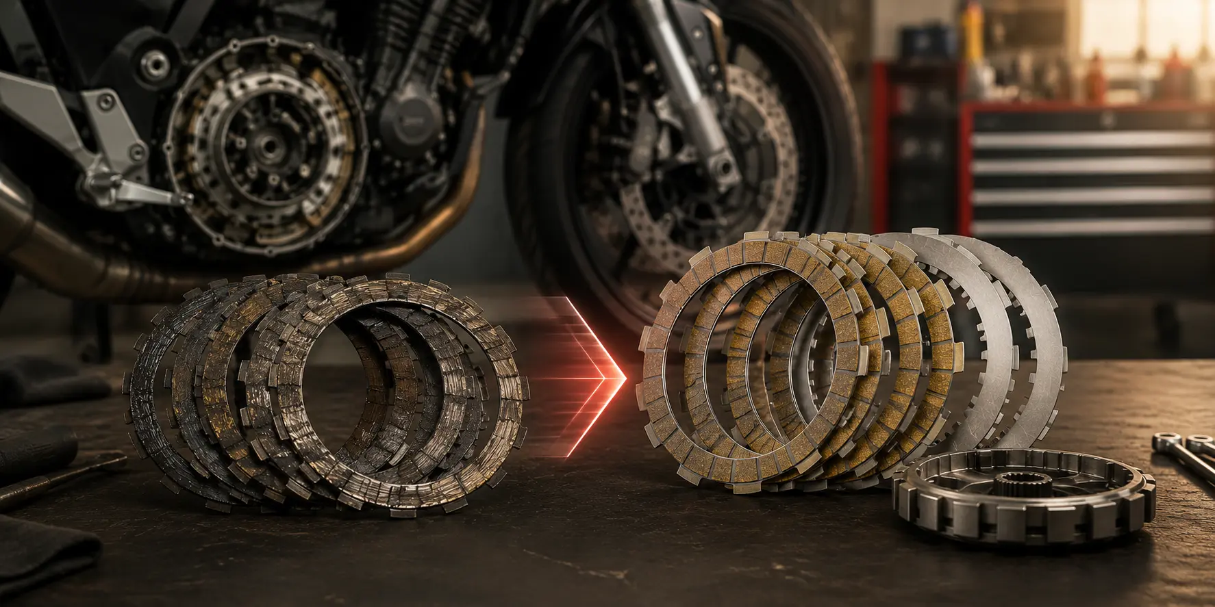 Old worn clutch plates being replaced with new clutch plates