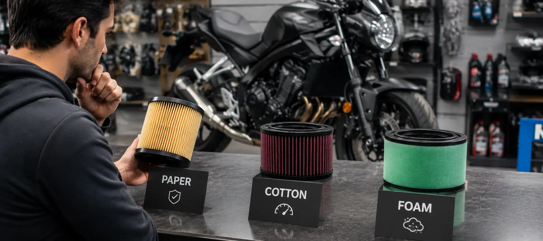 Motorcyclist choosing between paper, foam, and cotton air filters.