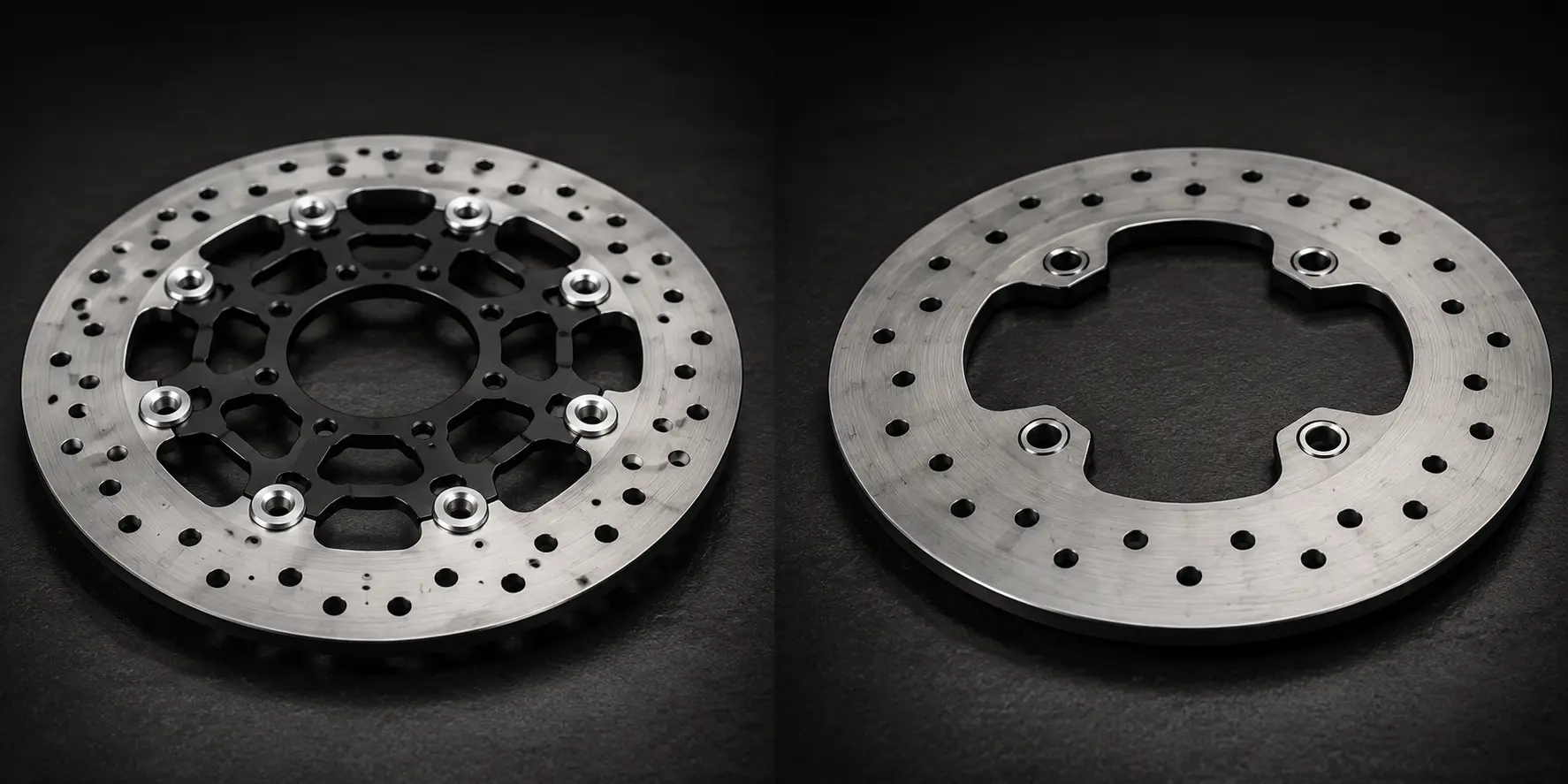 Floating and solid motorcycle rear brake rotors side-by-side comparison