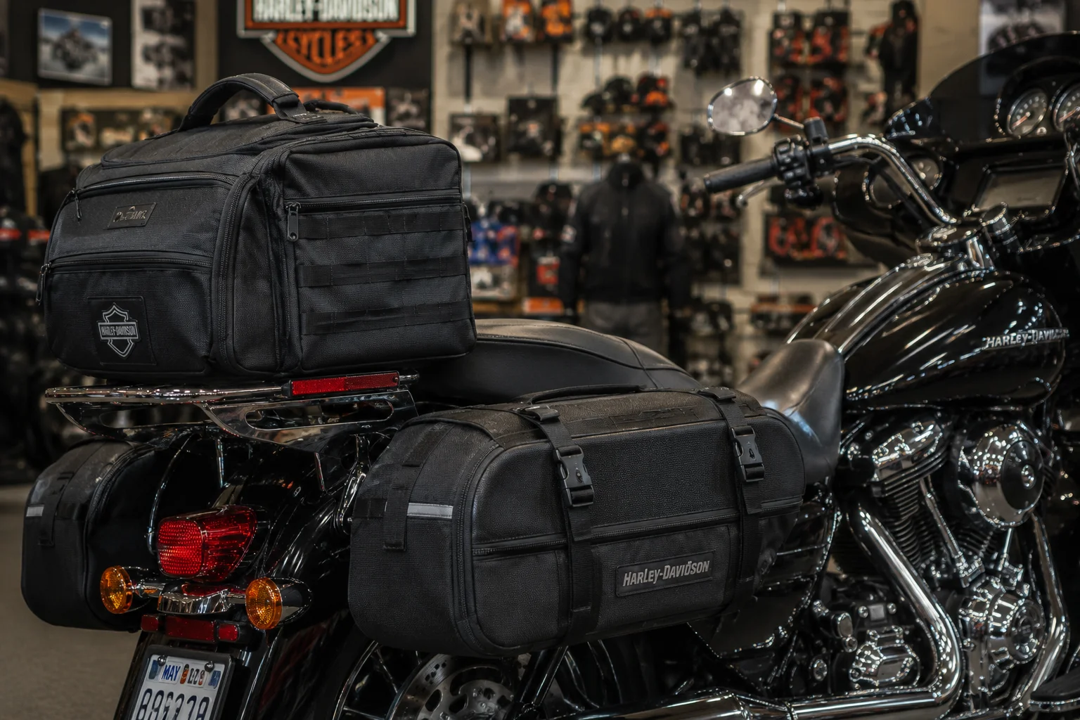 Harley-Davidson motorcycle with tail bag setup for touring and storage.