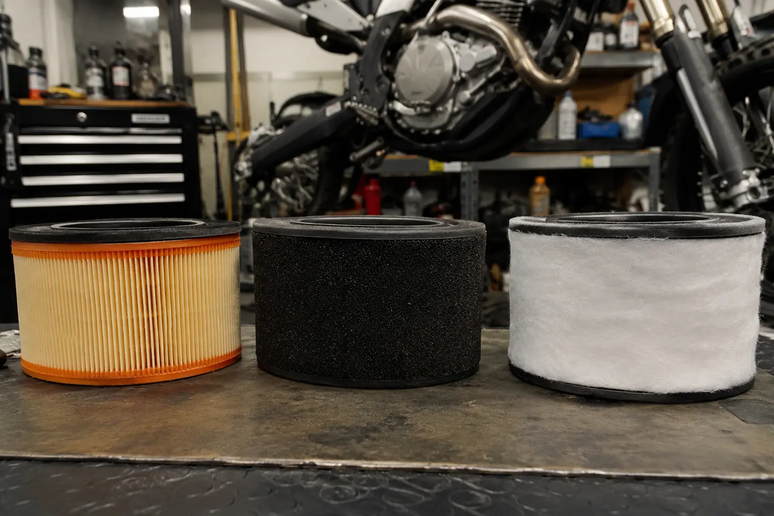 Paper, foam, and cotton motorcycle air filters displayed on a workshop bench.