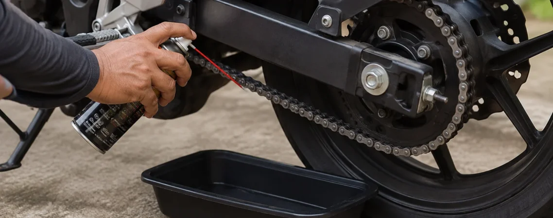 Motorcycle chain lubrication with spray lubricant during bike maintenance