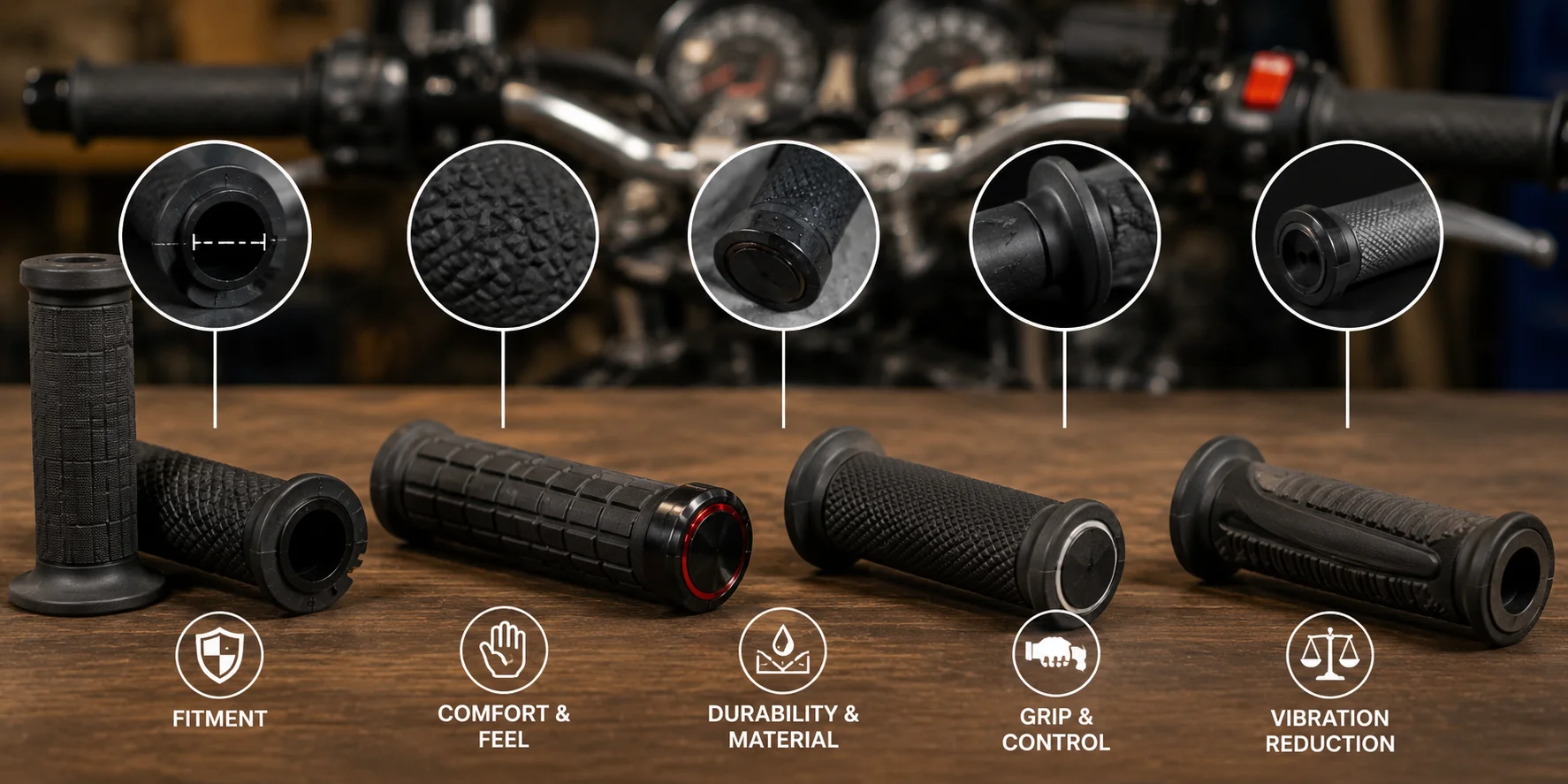 Motorcycle grips displayed with key features for buyers to compare.