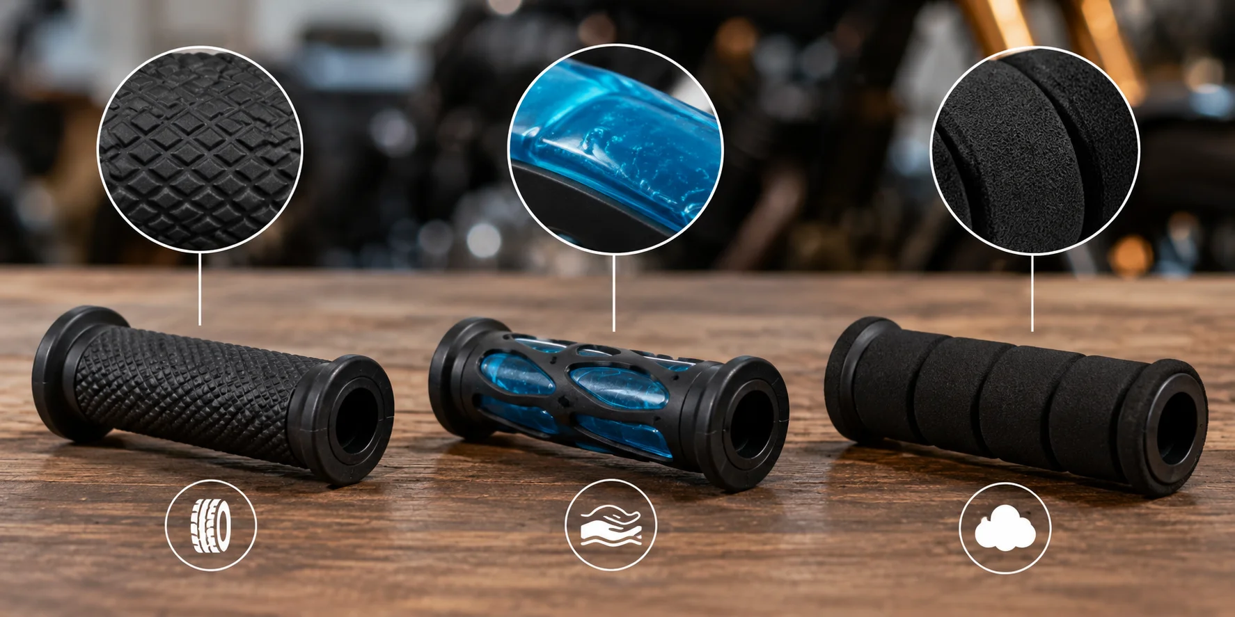 Rubber, gel, and foam motorcycle grips compared.