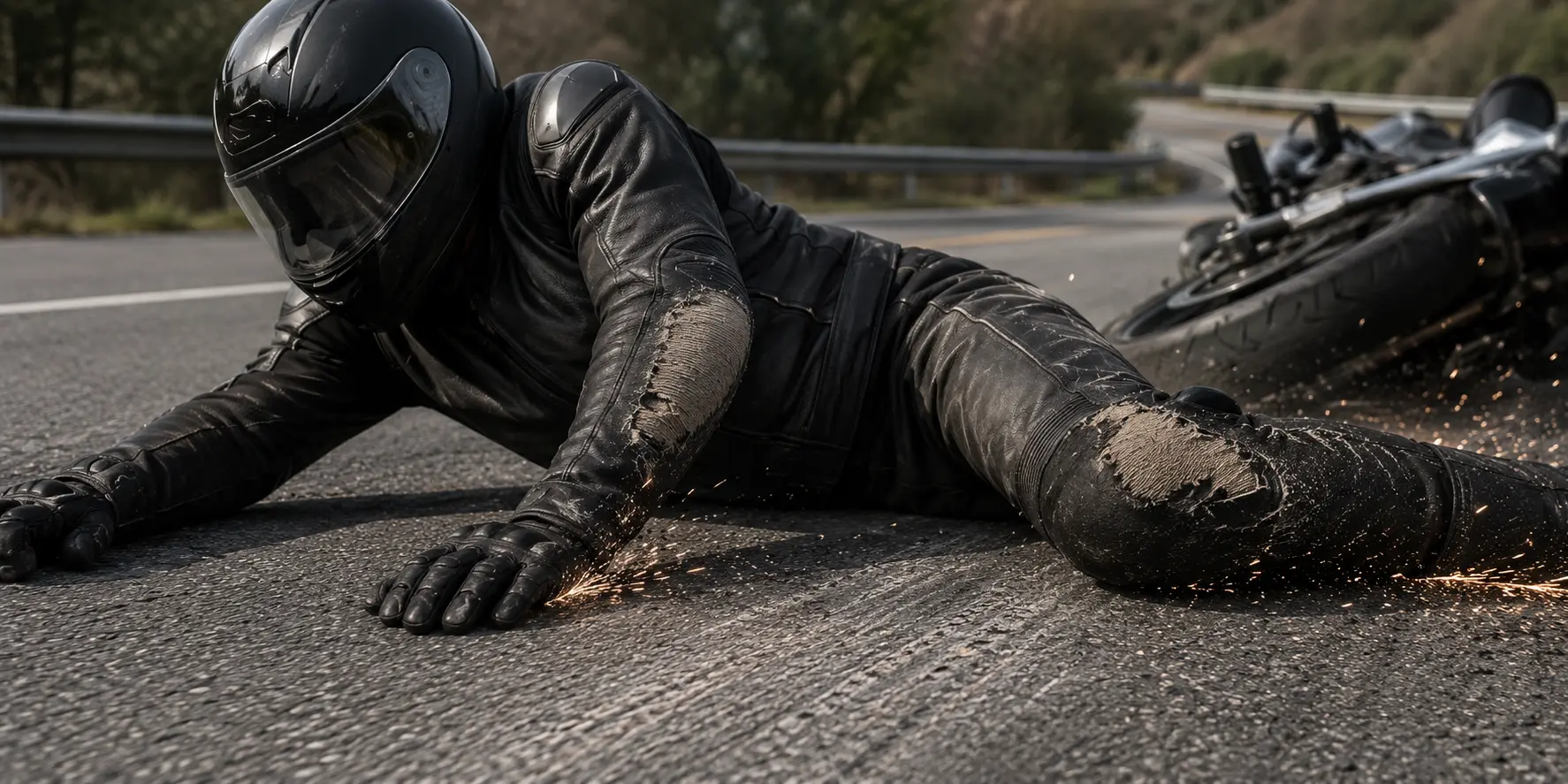 Motorcycle rider sliding on asphalt demonstrating abrasion resistance.