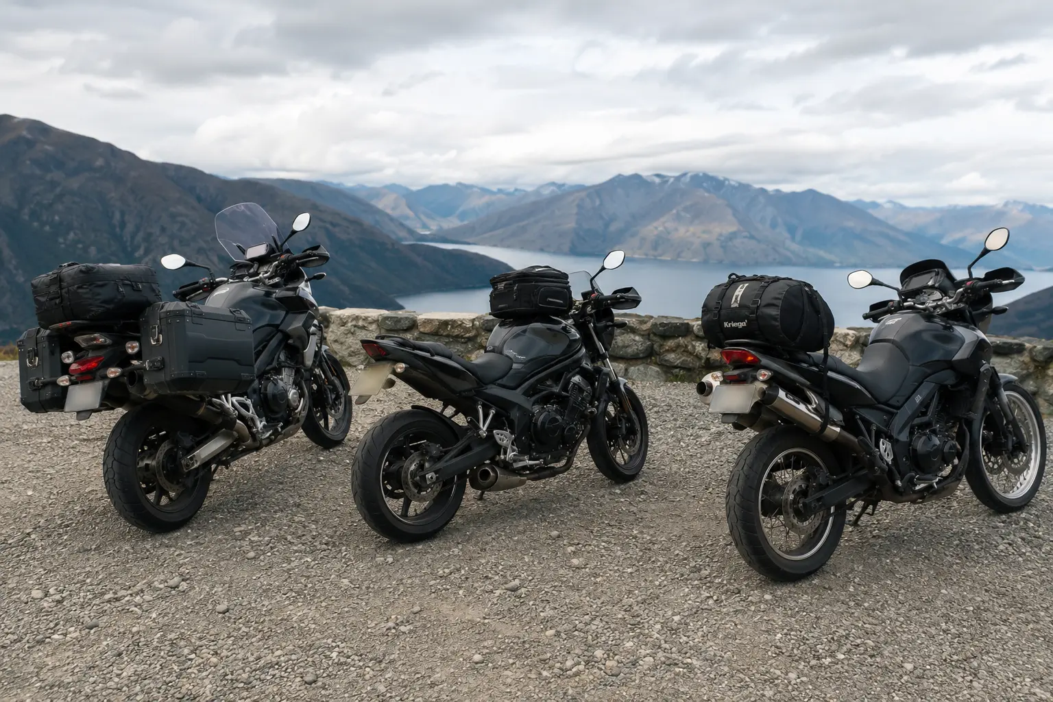 Motorcycle with saddlebags, tank bag, and tail bag at a scenic overlook.