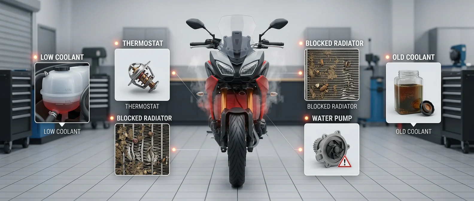 Infographic of 5 common motorcycle radiator overheating causes.