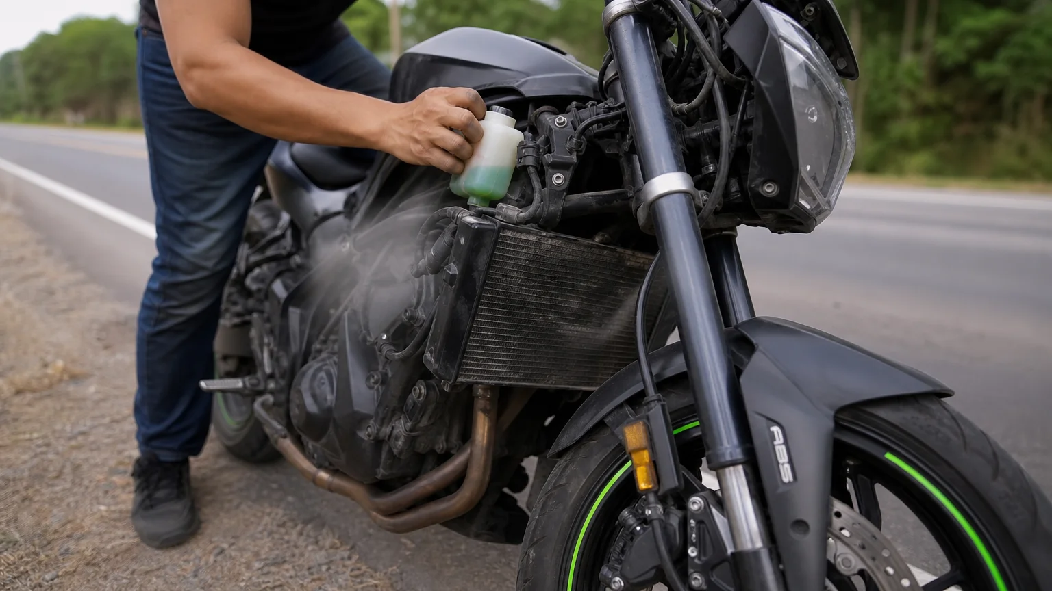 Man checking coolant tank on overheating motorcycle.
