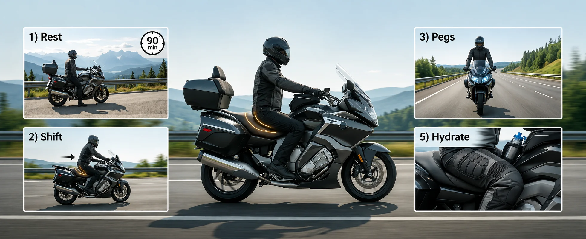 Motorcyclist demonstrating riding habits to reduce seat pain on long rides.