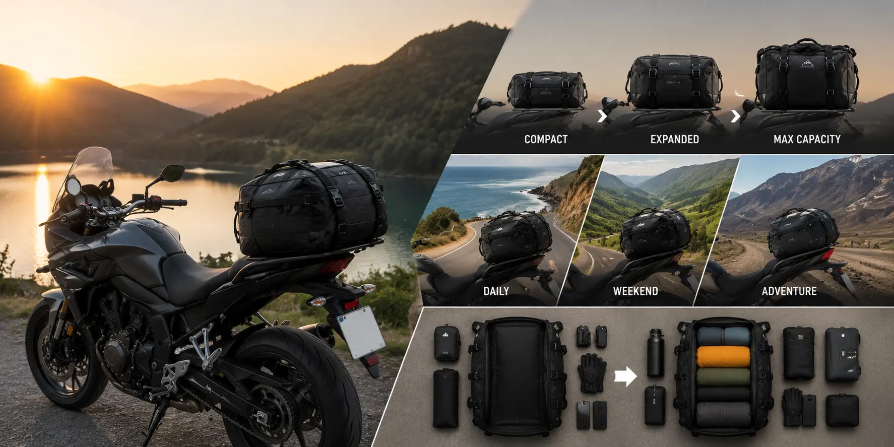 Motorcycle tail bag with expandable storage.