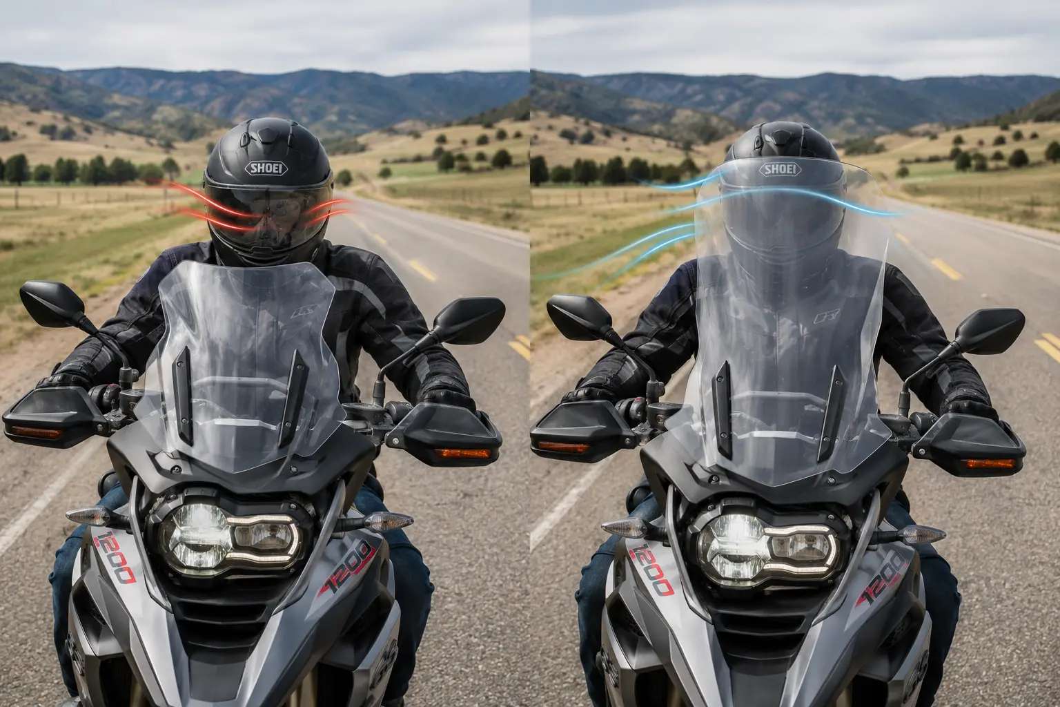 Motorcycle rider comparing short and tall windshield wind protection.