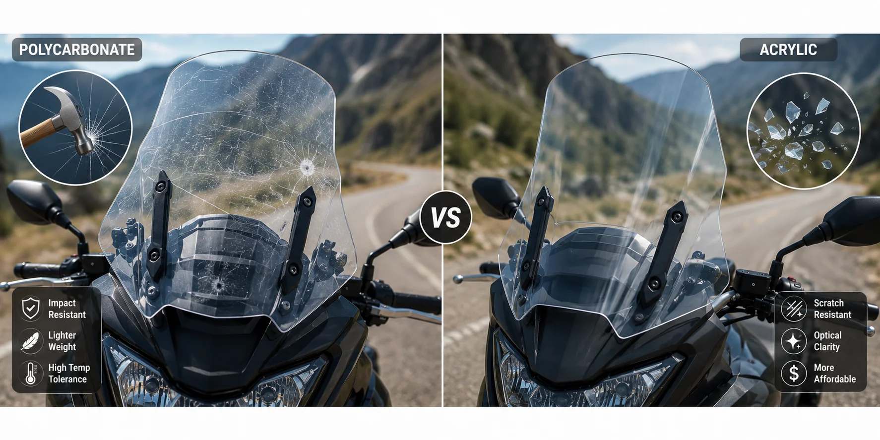 Polycarbonate vs acrylic motorcycle windshield comparison.