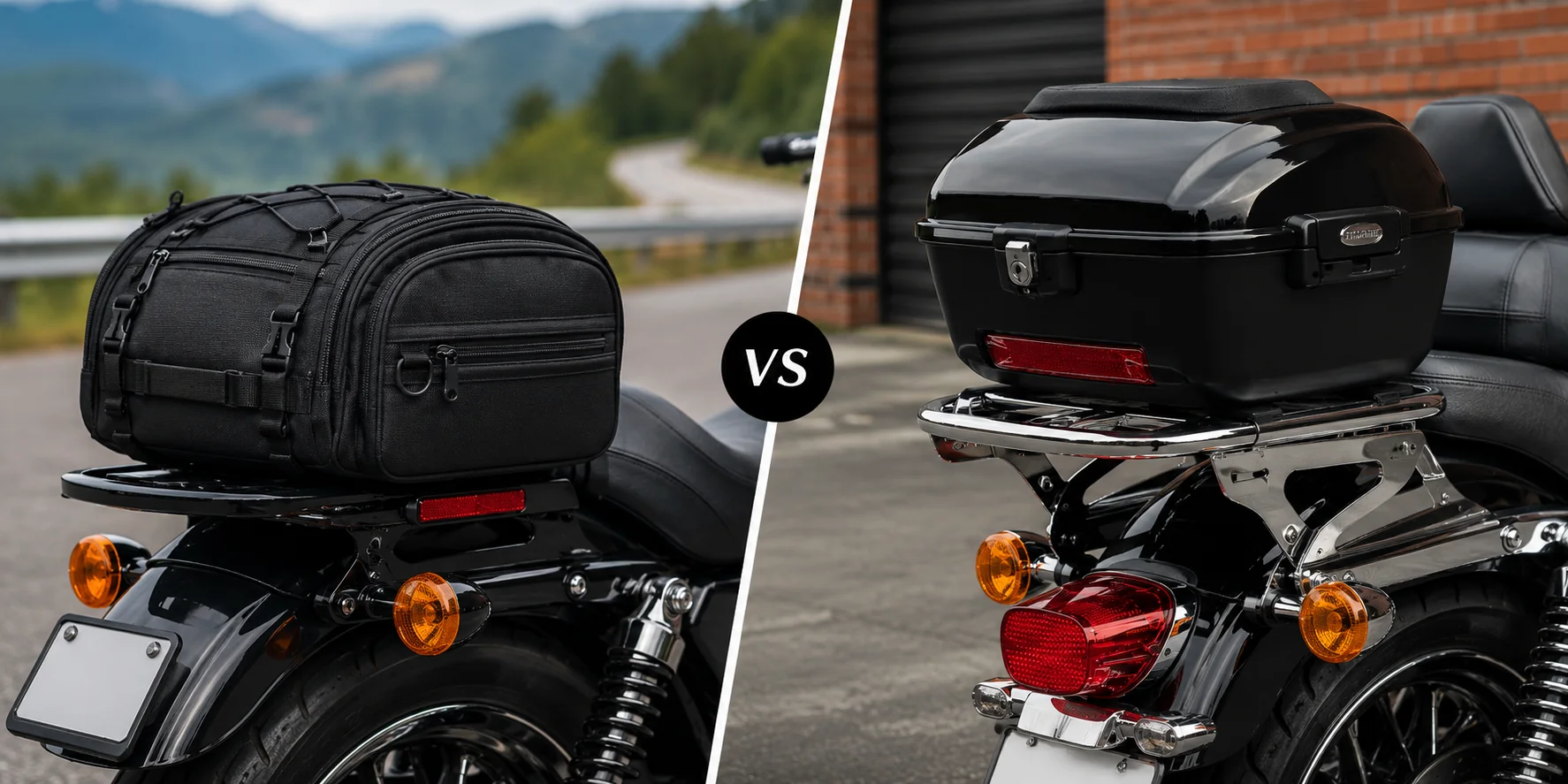 Soft bag and hard case on motorcycles.