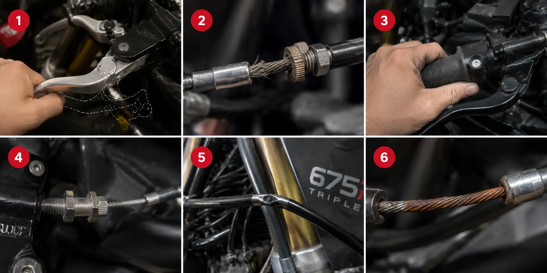 Failing Triumph 675 Triple brake cable with visible wear and damage.