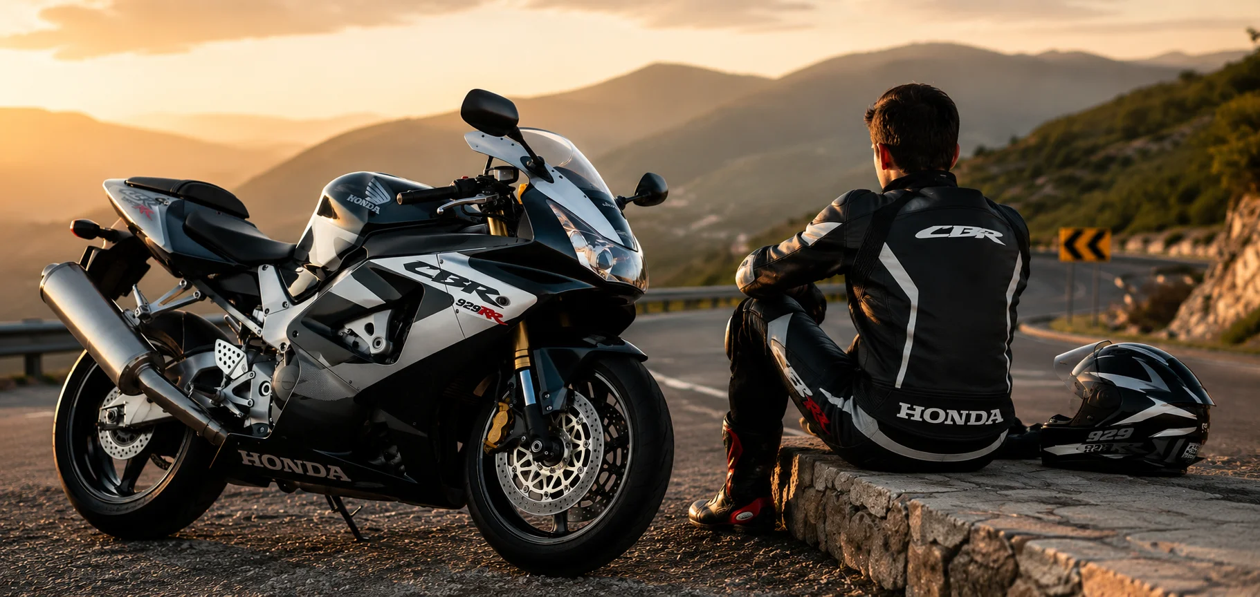Honda CBR929RR rider at sunset