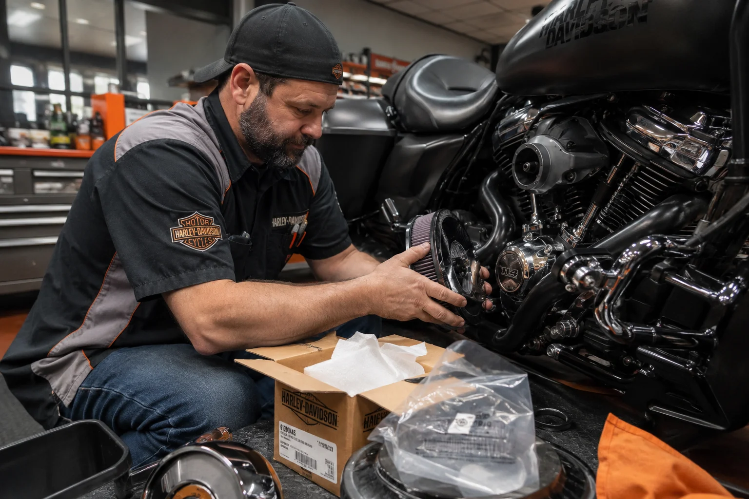 Mechanic inspecting Harley parts