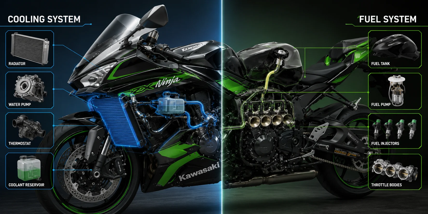 Kawasaki ZX cooling and fuel system
