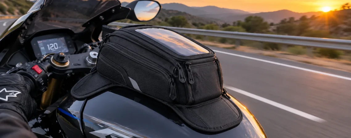 Magnetic motorcycle tank bag secured during highway ride