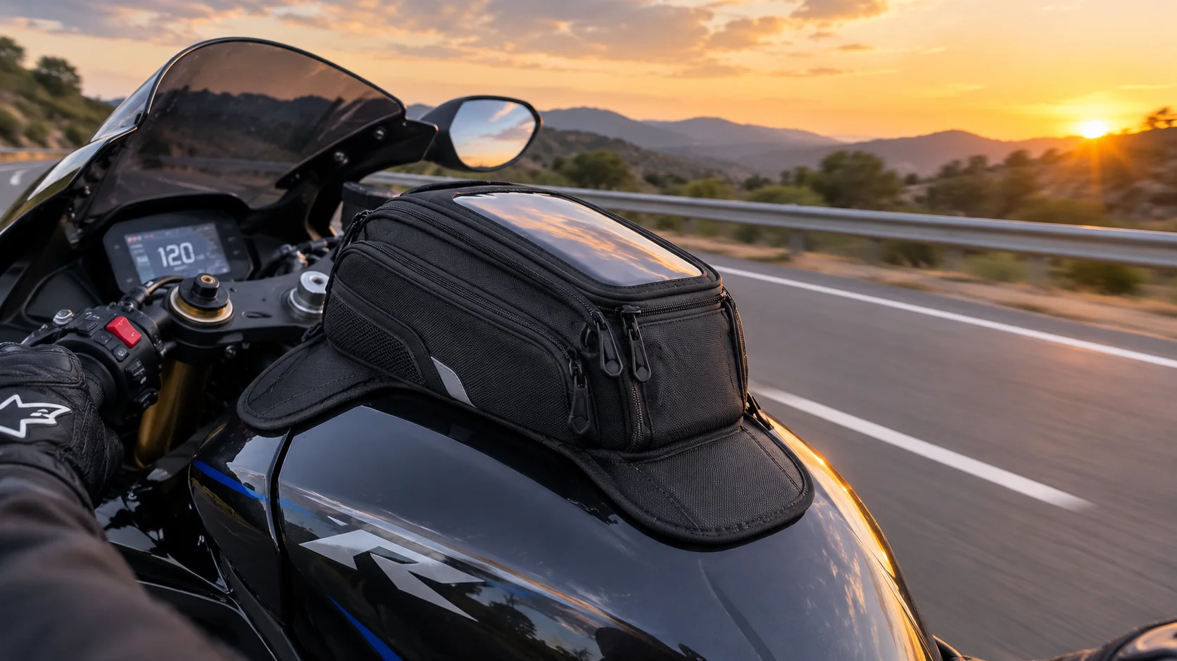 Magnetic motorcycle tank bag secured during highway ride
