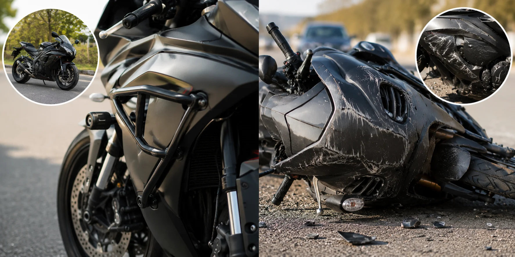 Motorcycle with crash protection vs crash damage