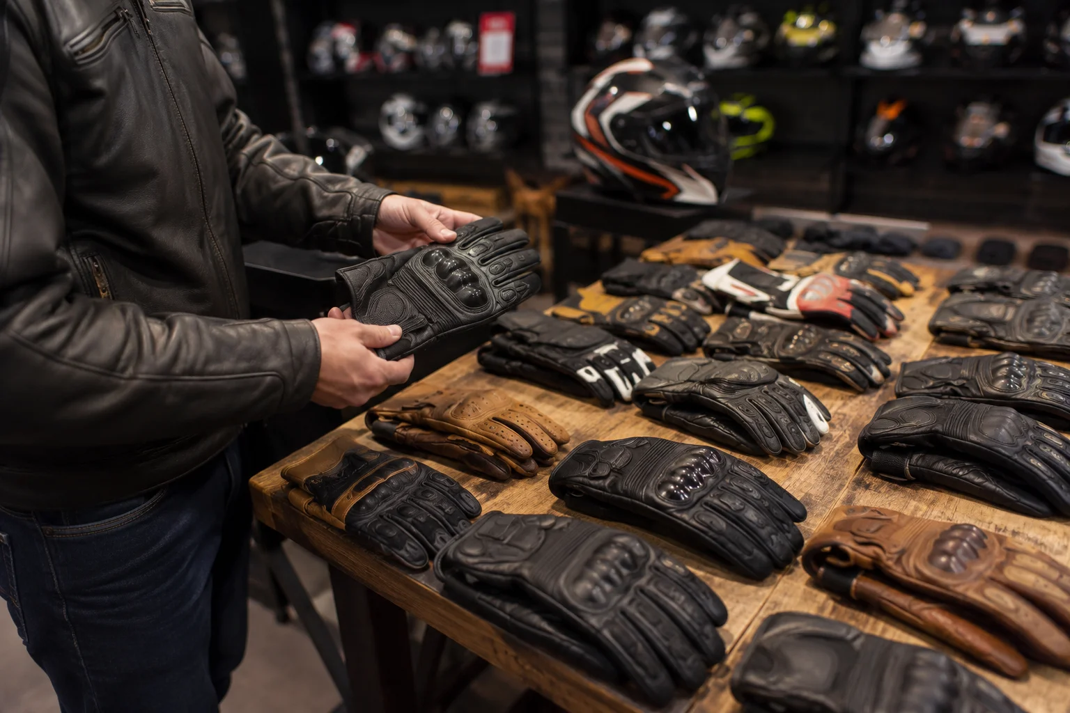 Rider choosing motorcycle gloves