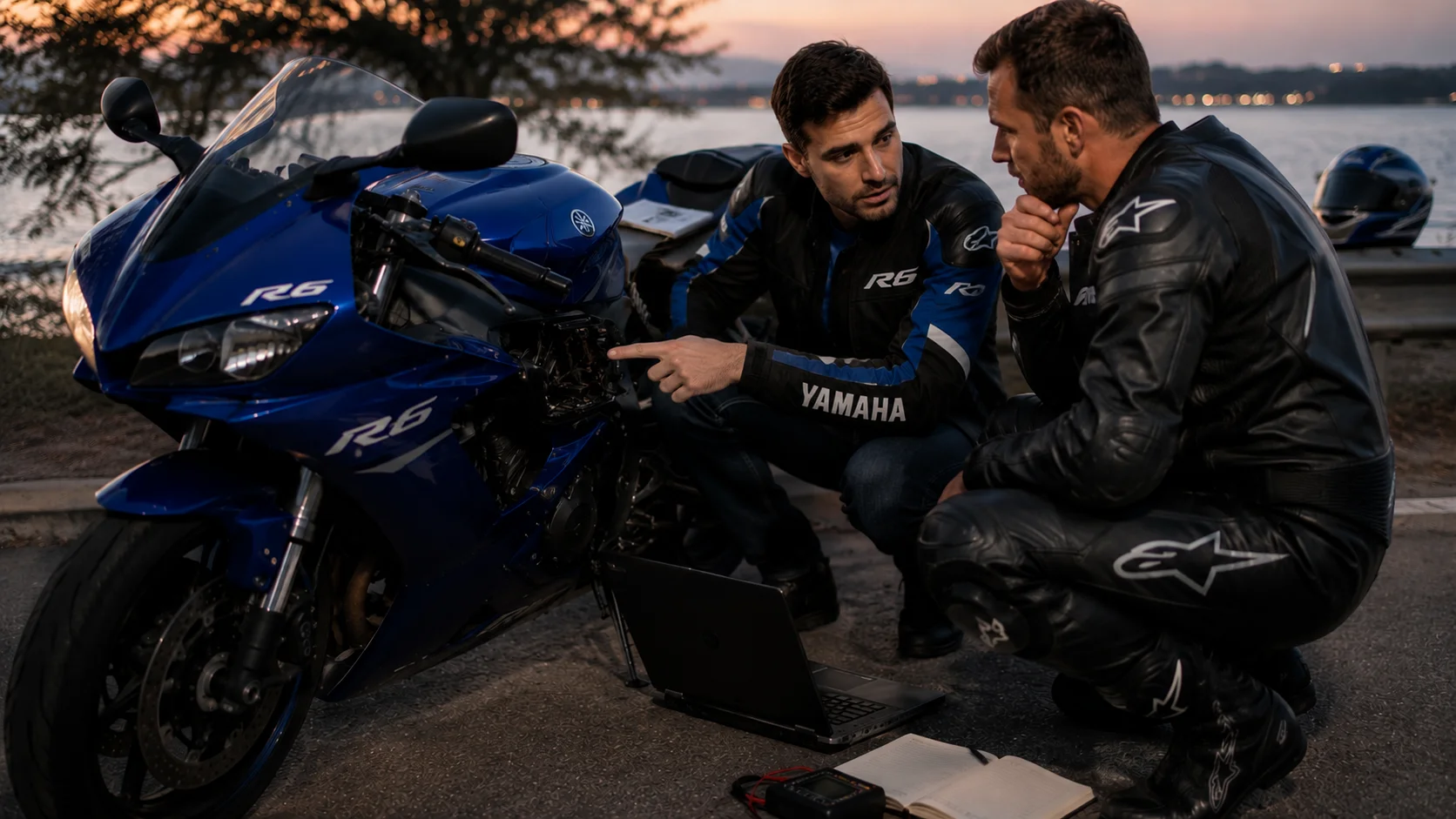Riders inspecting Yamaha R6 electrical issue