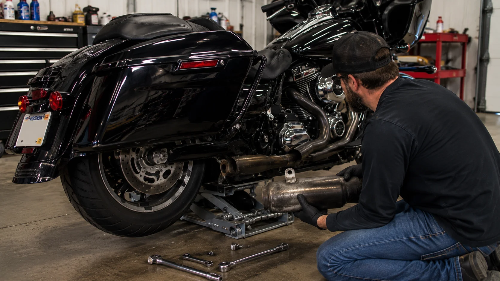 Stock exhaust removal on a Harley touring motorcycle