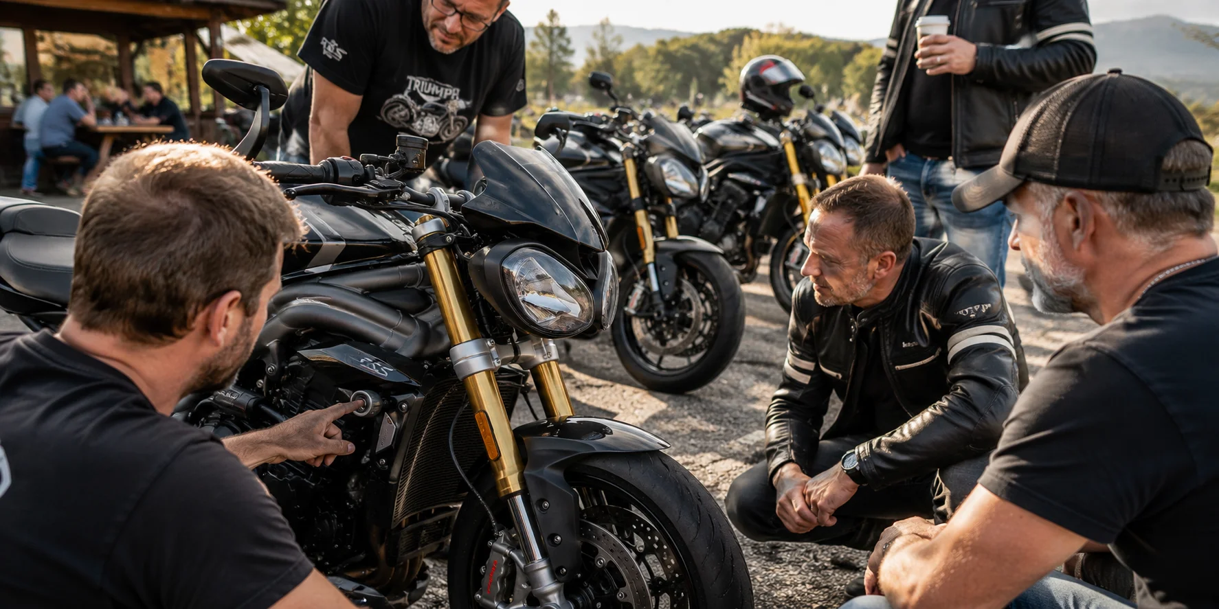 Speed Triple riders discussing protection
