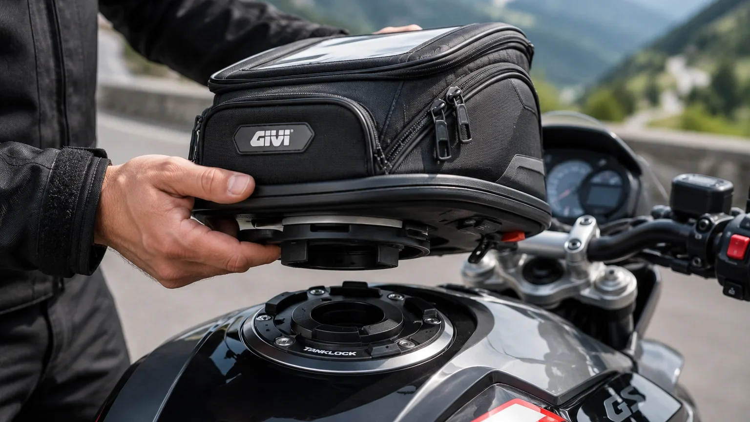 Tank lock ring motorcycle bag mount