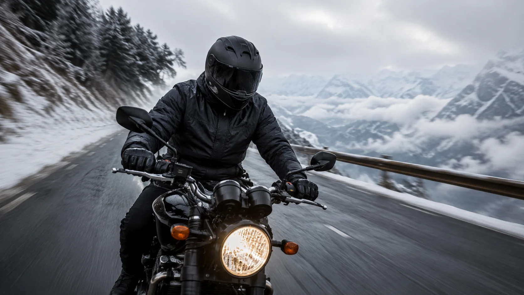 Motorcyclist riding in cold winter weather