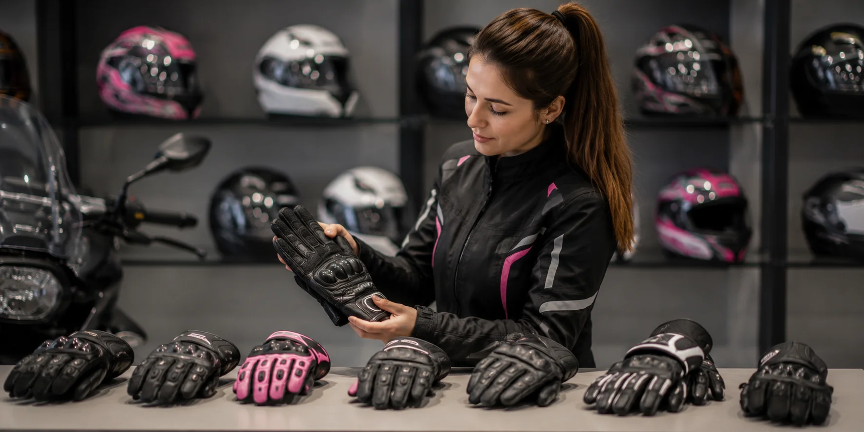 Woman choosing motorcycle gloves