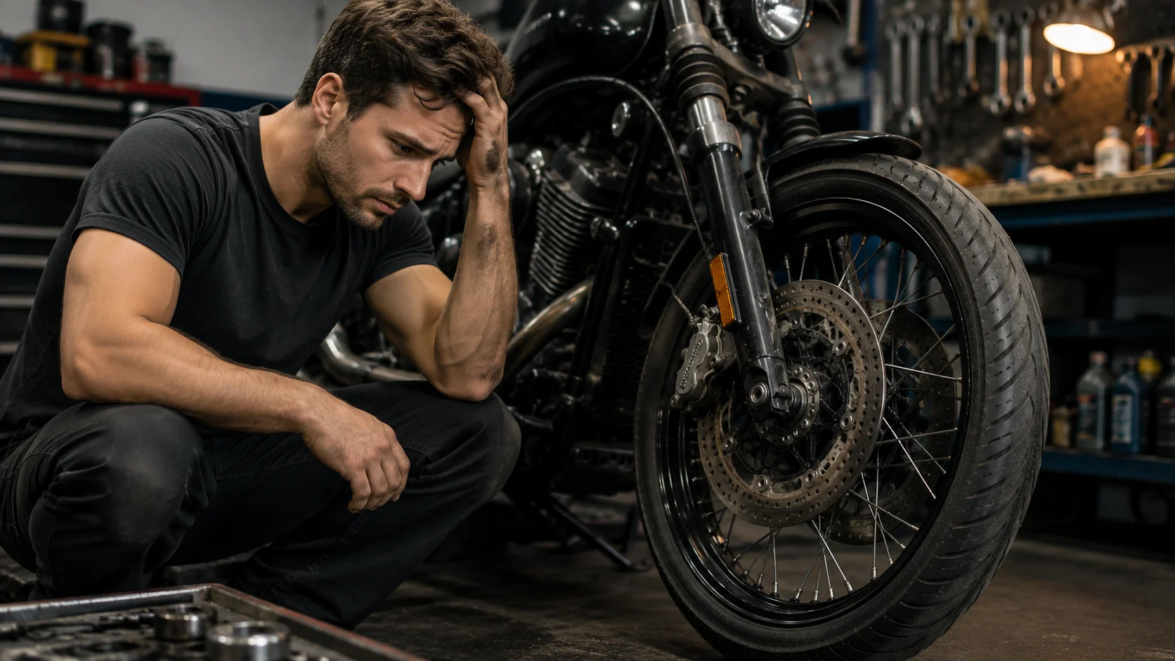 Rider inspecting a motorcycle wheel