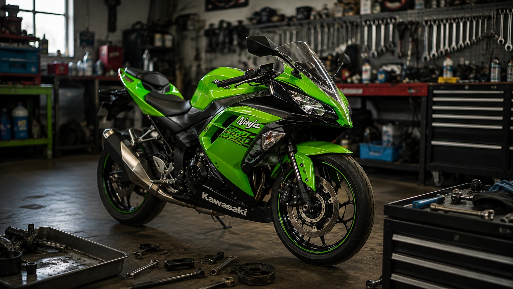 Kawasaki Ninja 300 and 400 in workshop