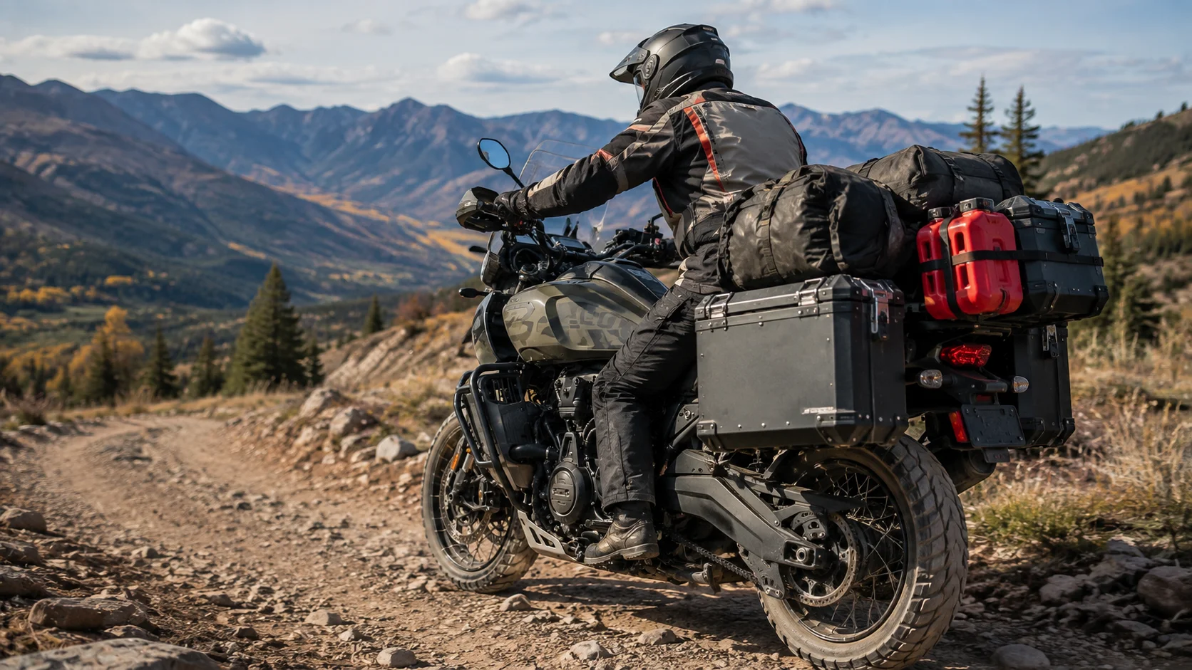 Loaded Harley Pan America on a rugged trail