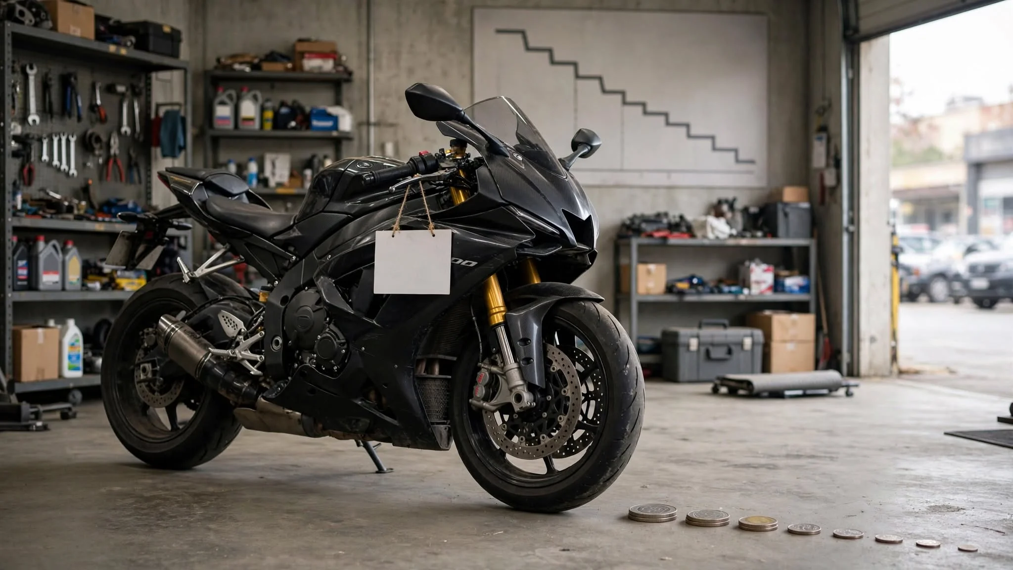 Used 1000cc sport bike in garage showing depreciation concept with declining value chart