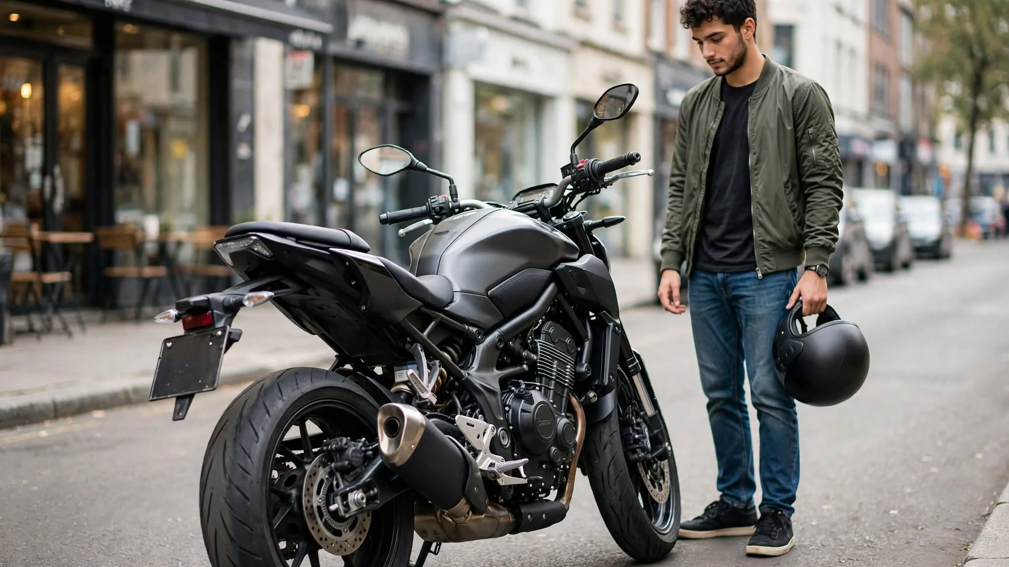 Rider standing with matte black 300cc naked bike
