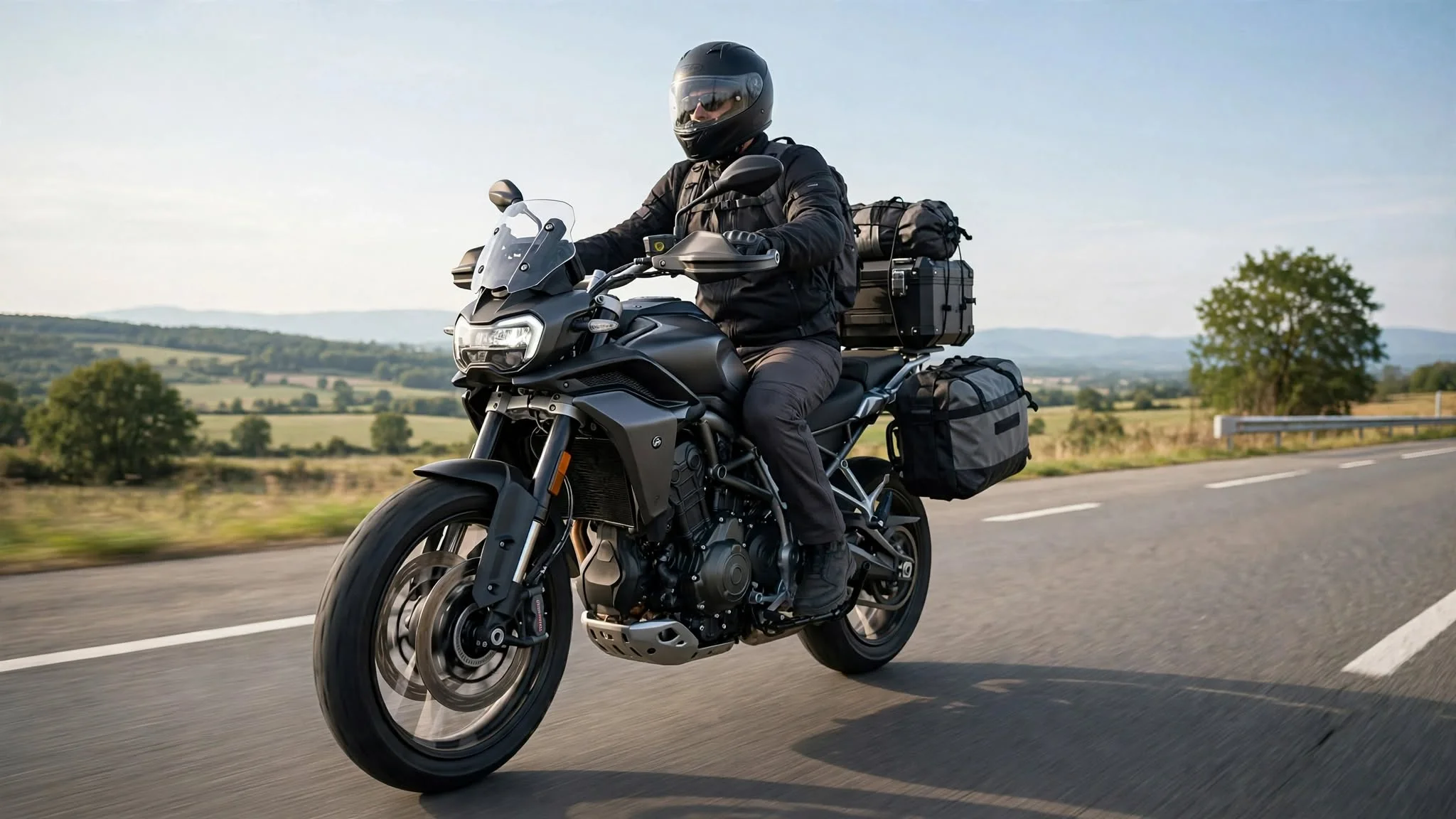 Rider on 500cc adventure bike with luggage on highway
