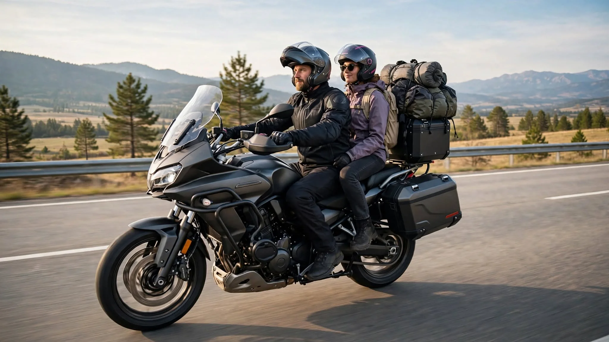 Couple riding 650cc touring motorcycle with heavy luggage on highway