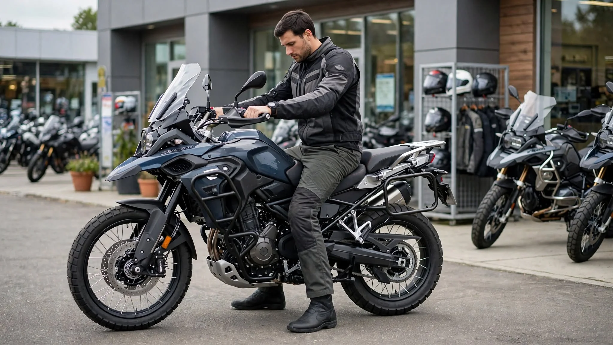 Tall rider testing motorcycle seat height and foot placement fit