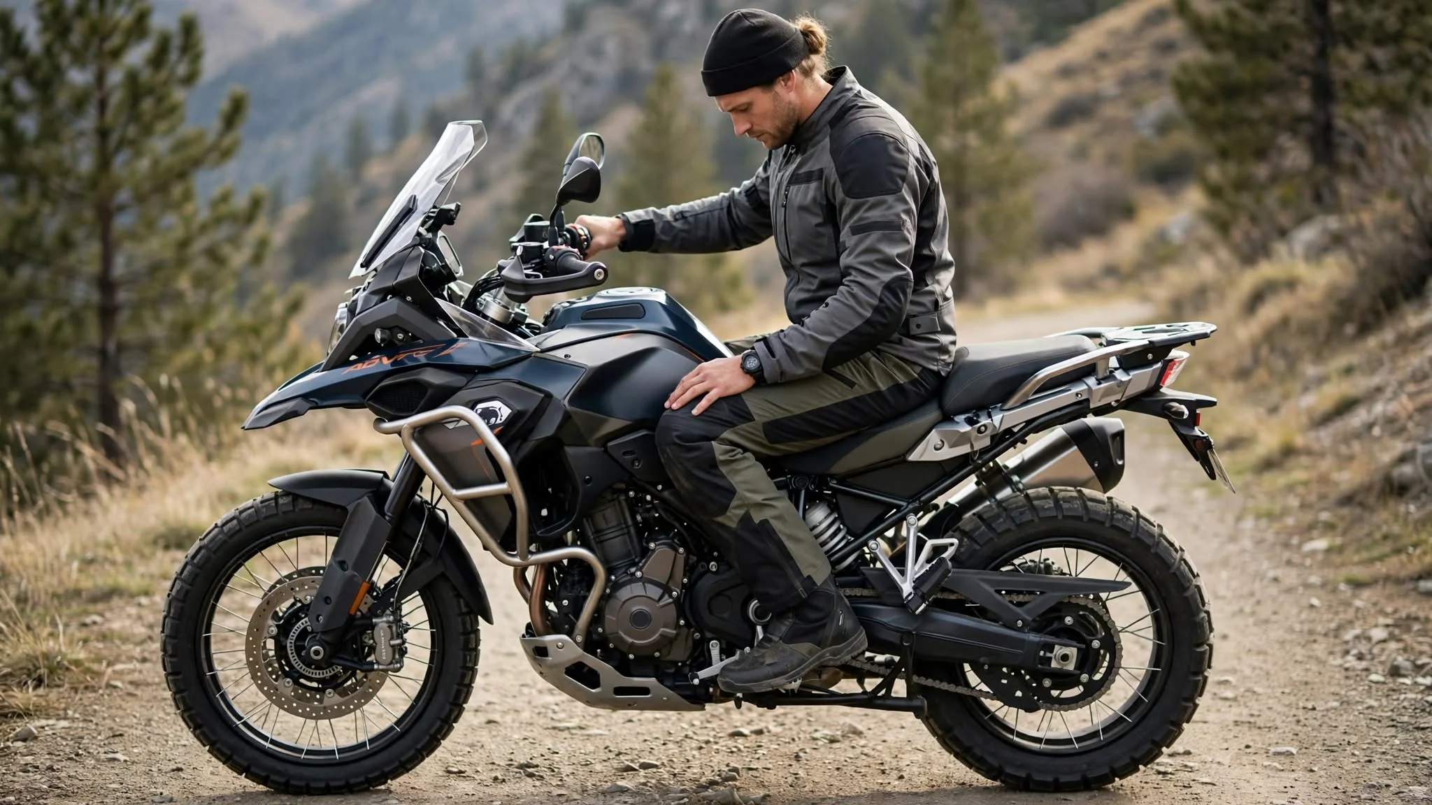 Tall rider checking motorcycle ergonomics, handlebar reach and legroom